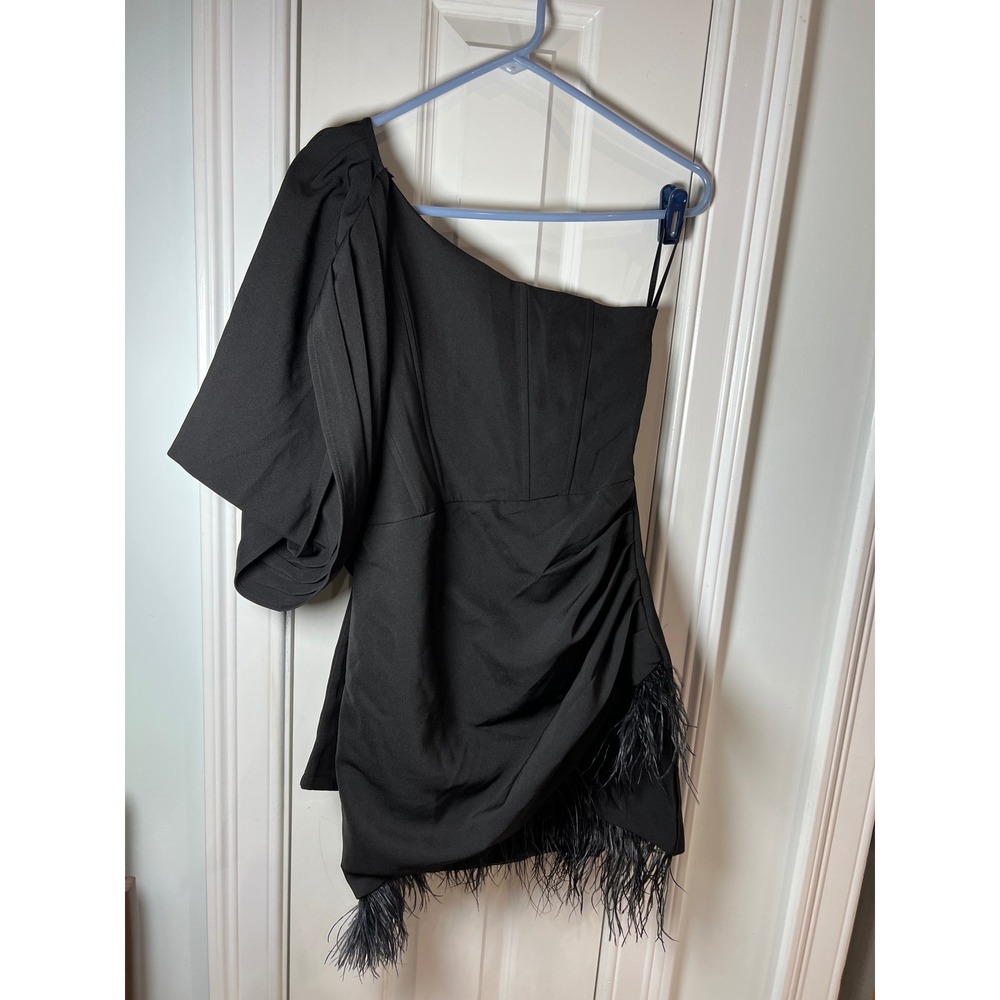 Club L London Black One Shoulder Feather Trim Corset Mini Dress Womens US 6